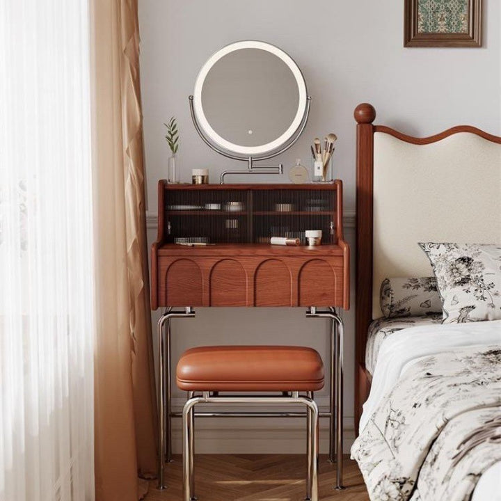 Tocador con espejo rectangular tradicional vintage de madera de pino, vidrio, hierro y contrachapado, con 1 cajón, para dormitorio 