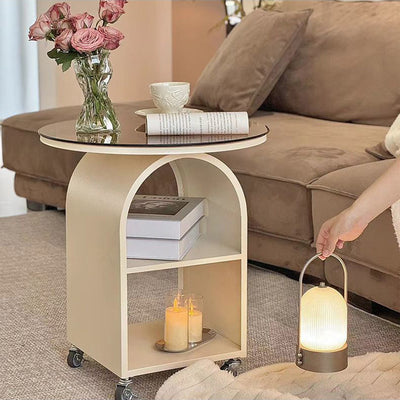 Contemporary Scandinavian Cream Removable Round Rectangular Arched Iron Glass Side Table 3-Tier For Living Room