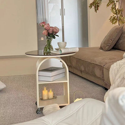 Contemporary Scandinavian Cream Removable Round Rectangular Arched Iron Glass Side Table 3-Tier For Living Room