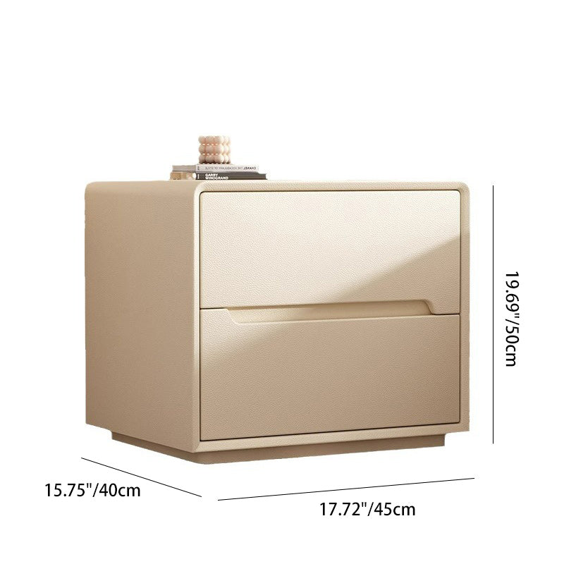 Modern Minimalist Rectangular Square Wood Leather Nightstand 2-Drawer For Bedroom