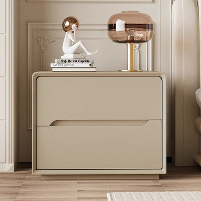 Modern Minimalist Rectangular Square Wood Leather Nightstand 2-Drawer For Bedroom