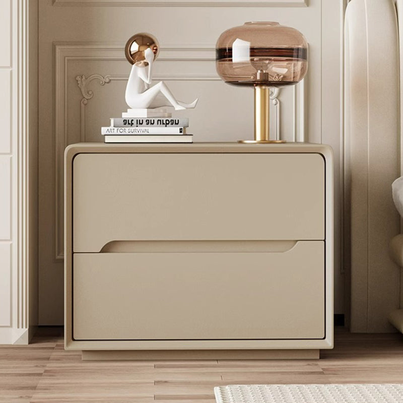 Modern Minimalist Rectangular Square Wood Leather Nightstand 2-Drawer For Bedroom