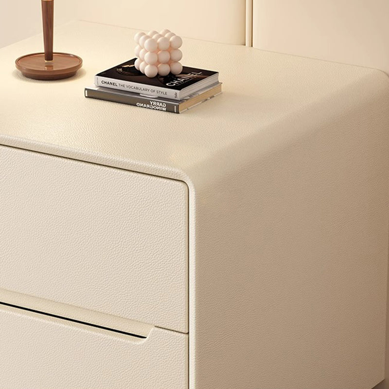 Modern Minimalist Rectangular Square Wood Leather Nightstand 2-Drawer For Bedroom