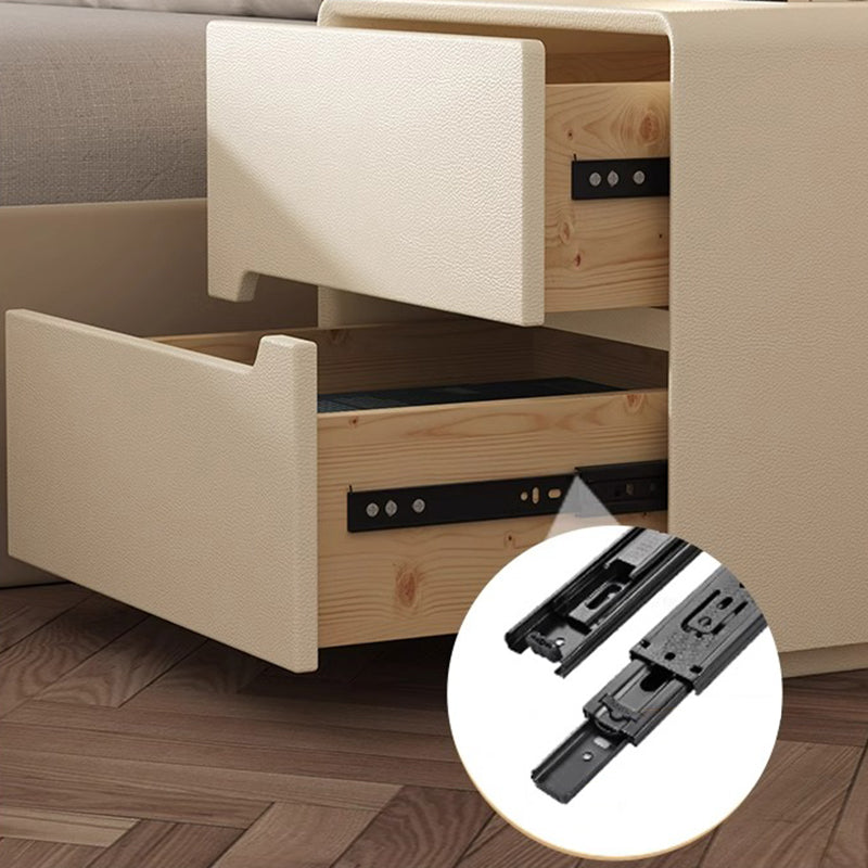 Modern Minimalist Rectangular Square Wood Leather Nightstand 2-Drawer For Bedroom