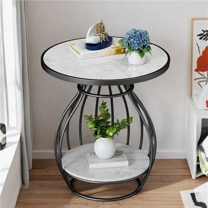 Table d'appoint moderne minimaliste ronde ovale carrée en métal avec plateau en pierre à 2 niveaux pour salon 
