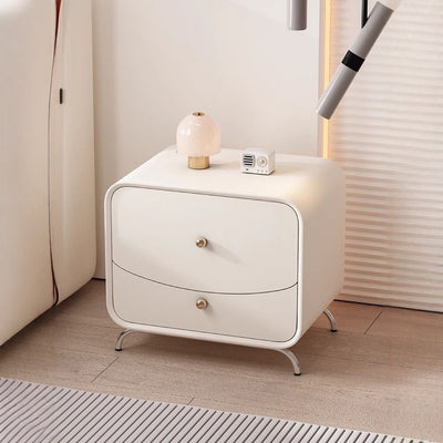 Modern Minimalist Cream Rectangle Square Wood Veneer Hardware Nightstand 2-Drawer For Bedroom