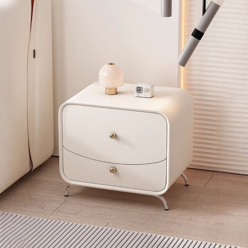 Modern Minimalist Cream Rectangle Square Wood Veneer Hardware Nightstand 2-Drawer For Bedroom