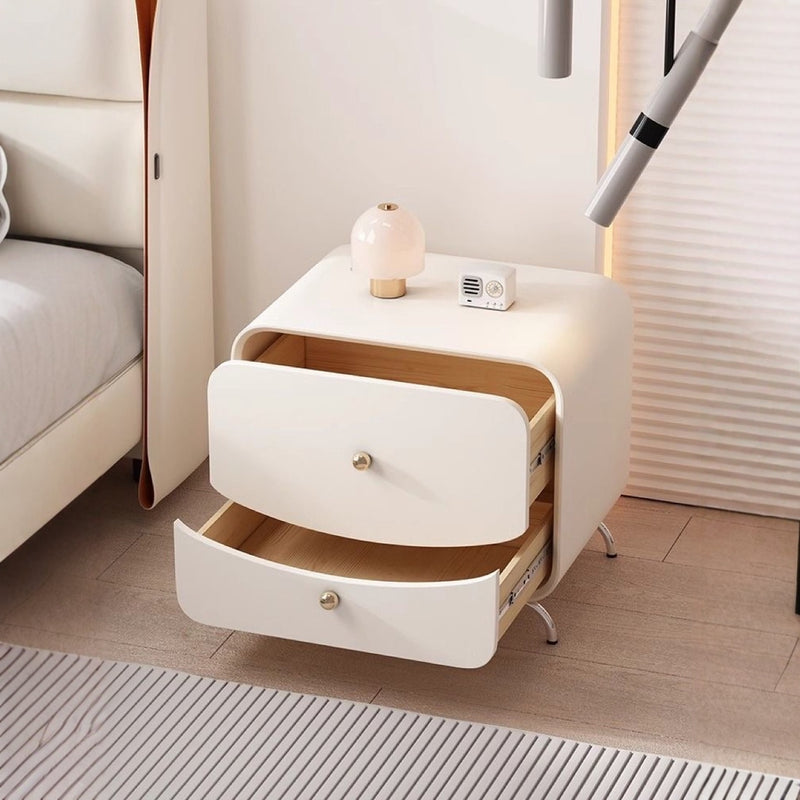 Modern Minimalist Cream Rectangle Square Wood Veneer Hardware Nightstand 2-Drawer For Bedroom