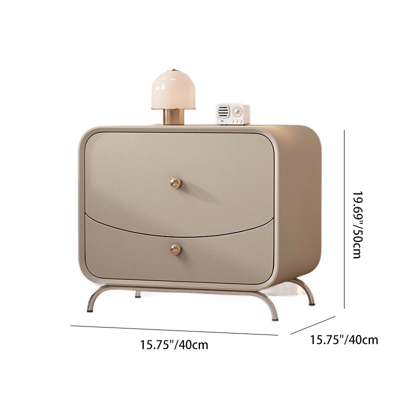 Modern Minimalist Cream Rectangle Square Wood Veneer Hardware Nightstand 2-Drawer For Bedroom