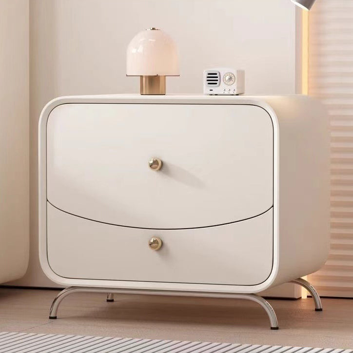 Modern Minimalist Cream Rectangle Square Wood Veneer Hardware Nightstand 2-Drawer For Bedroom