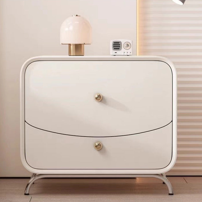 Modern Minimalist Cream Rectangle Square Wood Veneer Hardware Nightstand 2-Drawer For Bedroom
