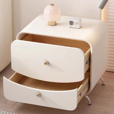Modern Minimalist Cream Rectangle Square Wood Veneer Hardware Nightstand 2-Drawer For Bedroom