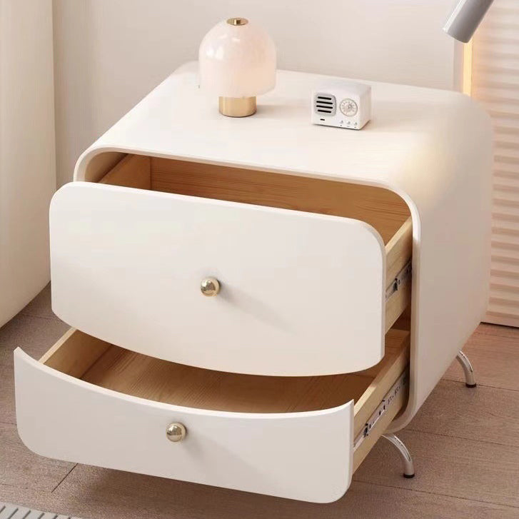 Modern Minimalist Cream Rectangle Square Wood Veneer Hardware Nightstand 2-Drawer For Bedroom