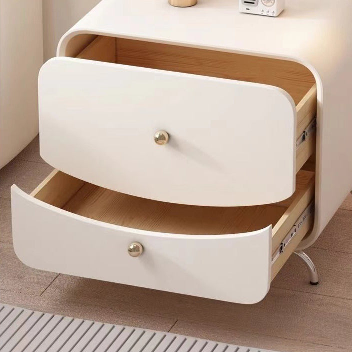 Modern Minimalist Cream Rectangle Square Wood Veneer Hardware Nightstand 2-Drawer For Bedroom