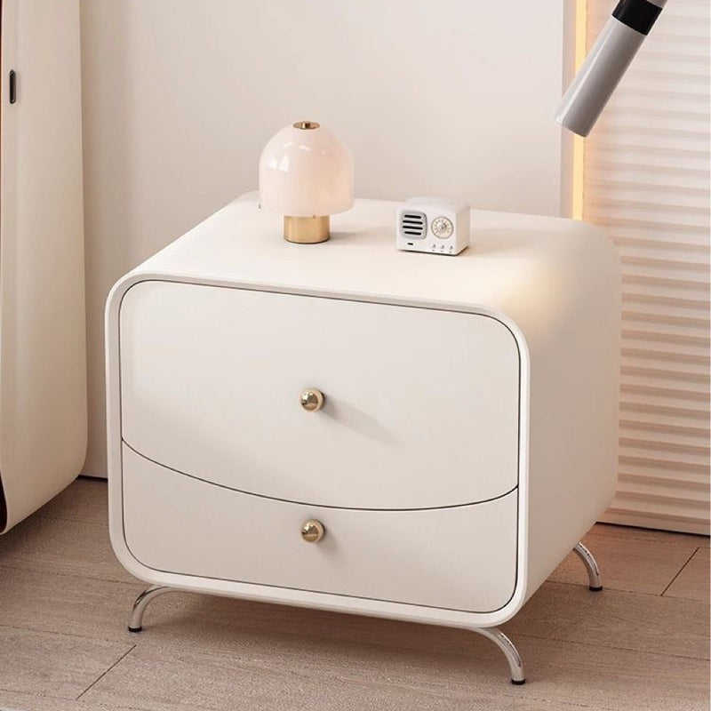 Modern Minimalist Cream Rectangle Square Wood Veneer Hardware Nightstand 2-Drawer For Bedroom