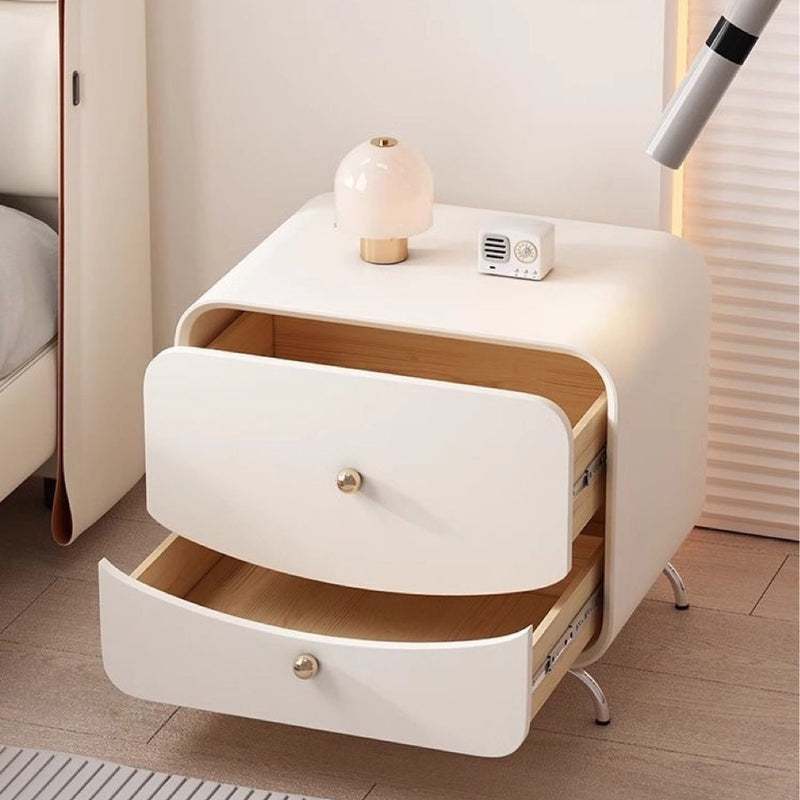 Modern Minimalist Cream Rectangle Square Wood Veneer Hardware Nightstand 2-Drawer For Bedroom