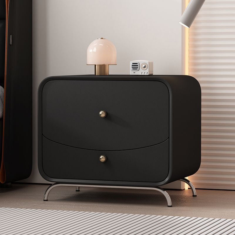 Modern Minimalist Cream Rectangle Square Wood Veneer Hardware Nightstand 2-Drawer For Bedroom