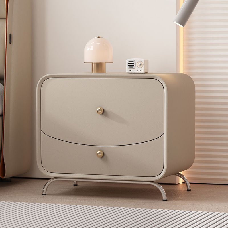 Modern Minimalist Cream Rectangle Square Wood Veneer Hardware Nightstand 2-Drawer For Bedroom
