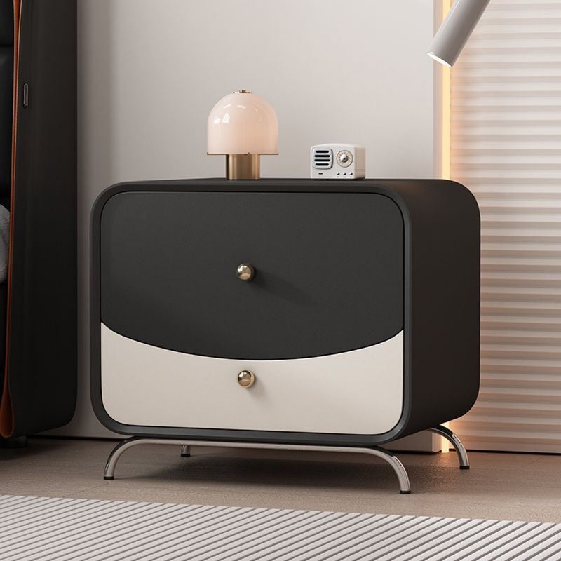 Modern Minimalist Cream Rectangle Square Wood Veneer Hardware Nightstand 2-Drawer For Bedroom