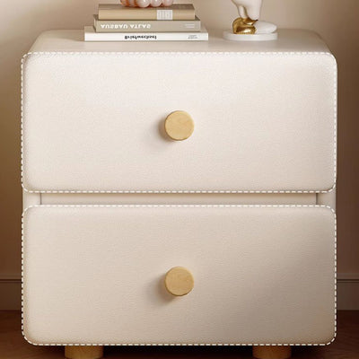 Modern Minimalist Cream Rectangle Square Leather Wood Nightstand 2-Drawer For Bedroom