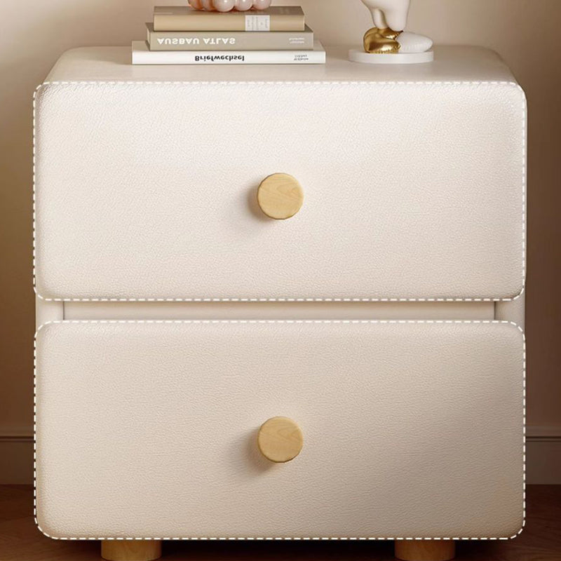 Modern Minimalist Cream Rectangle Square Leather Wood Nightstand 2-Drawer For Bedroom
