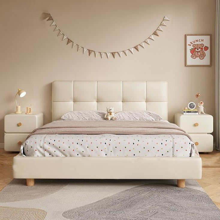 Moderner minimalistischer cremefarbener rechteckiger quadratischer organischer Leder-Nachttisch aus Massivholz &amp; Sperrholz mit 2 Schubladen für das Schlafzimmer 