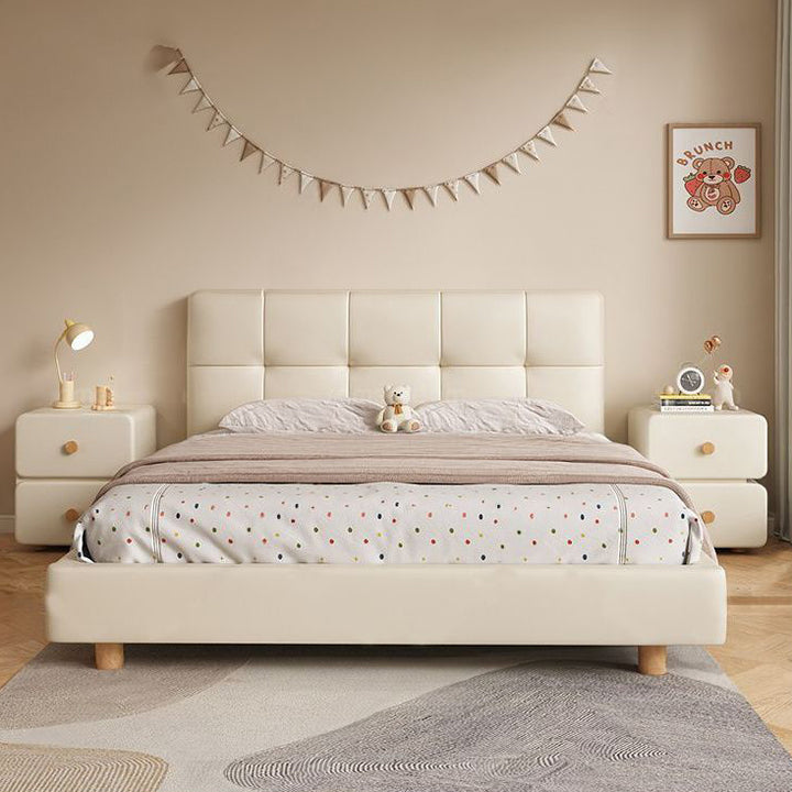 Moderno Minimalista Crema Rectángulo Cuadrado Orgánico Cuero Madera Maciza y Contrachapado Mesita de Noche de 2 Cajones Para Dormitorio 