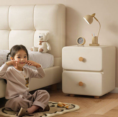 Modern Minimalist Cream Rectangle Square Leather Wood Nightstand 2-Drawer For Bedroom