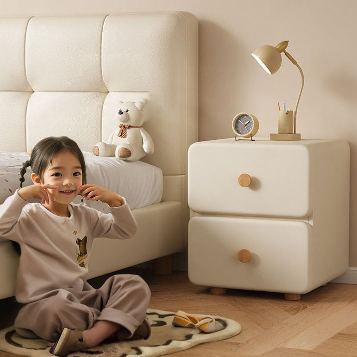 Modern Minimalist Cream Rectangle Square Leather Wood Nightstand 2-Drawer For Bedroom