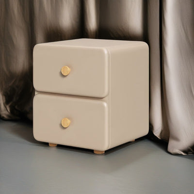 Modern Minimalist Cream Rectangle Square Leather Wood Nightstand 2-Drawer For Bedroom