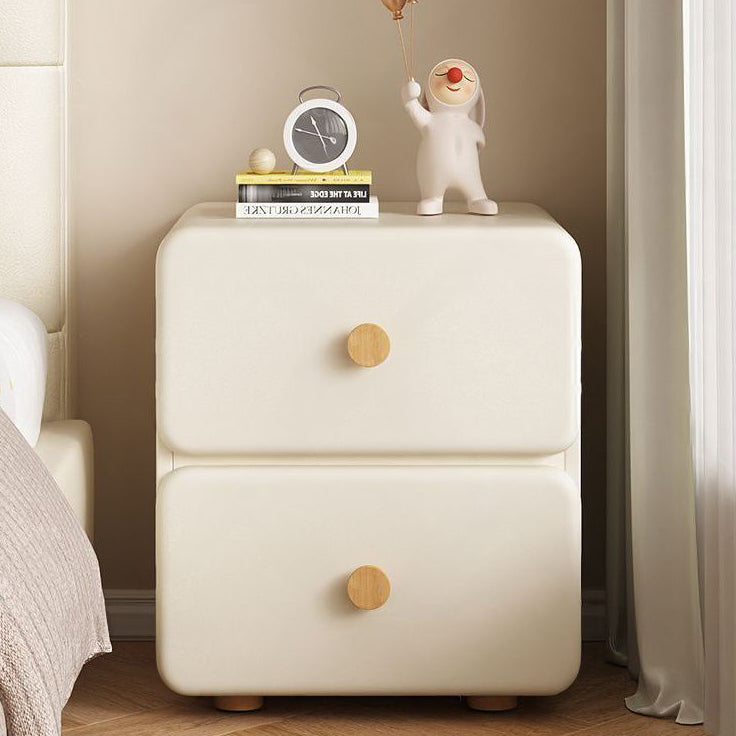 Modern Minimalist Cream Rectangle Square Leather Wood Nightstand 2-Drawer For Bedroom