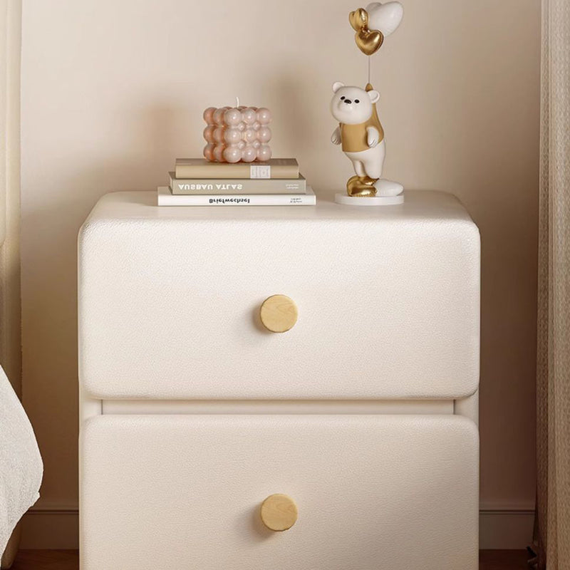 Modern Minimalist Cream Rectangle Square Leather Wood Nightstand 2-Drawer For Bedroom