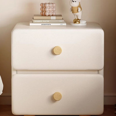 Modern Minimalist Cream Rectangle Square Leather Wood Nightstand 2-Drawer For Bedroom
