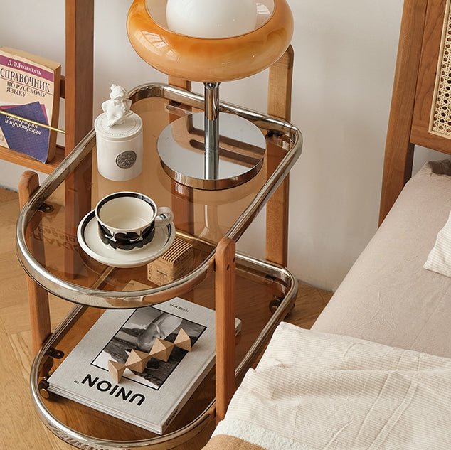 Modern Minimalist Removable Oval Rubberwood Glass Stainless Steel Side Table 2-Tier For Living Room