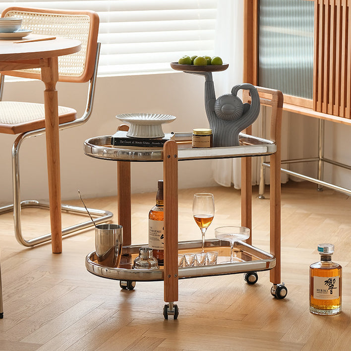 Modern Minimalist Removable Oval Rubberwood Glass Stainless Steel Side Table 2-Tier For Living Room