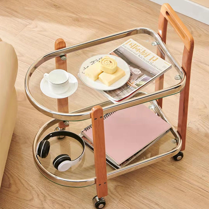 Modern Minimalist Removable Oval Rubberwood Glass Stainless Steel Side Table 2-Tier For Living Room