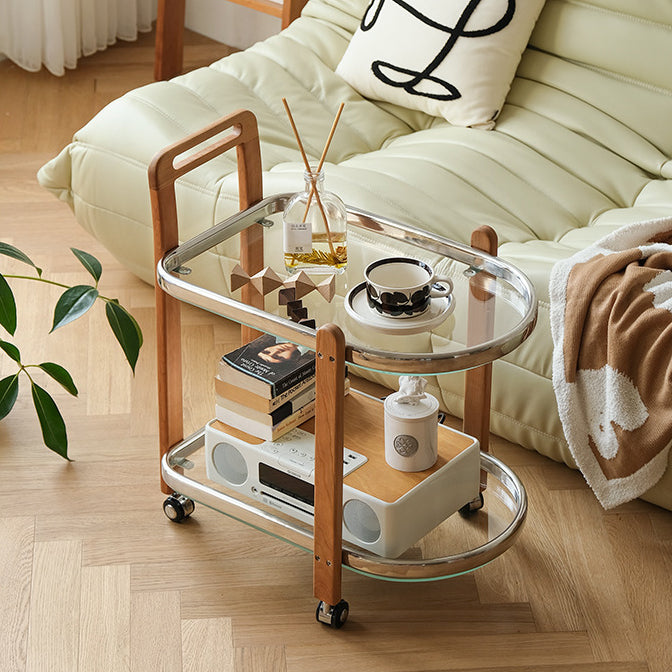 Modern Minimalist Removable Oval Cherry Wood Glass Side Table 2-Tier For Living Room
