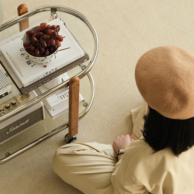 Modern Minimalist Removable Oval Cherry Wood Glass Side Table 2-Tier For Living Room