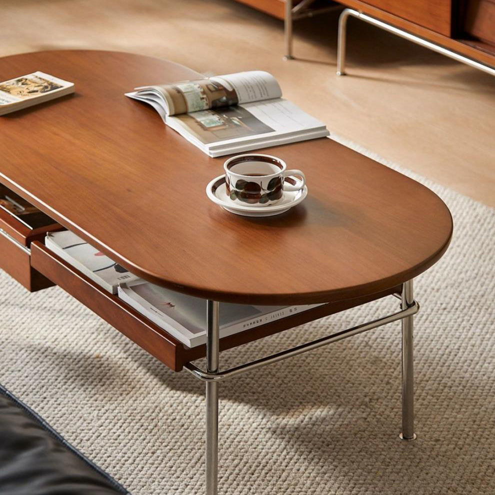 Traditioneller ovaler/rechteckiger Couchtisch im Vintage-Stil aus Massivholz und Edelstahl, 2 Ebenen, für das Wohnzimmer 