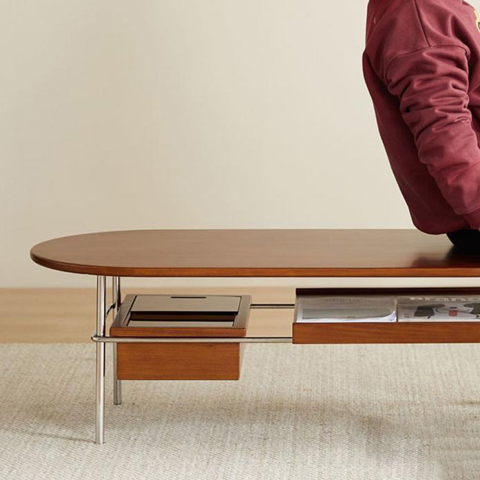 Traditioneller ovaler/rechteckiger Couchtisch im Vintage-Stil aus Massivholz und Edelstahl, 2 Ebenen, für das Wohnzimmer 