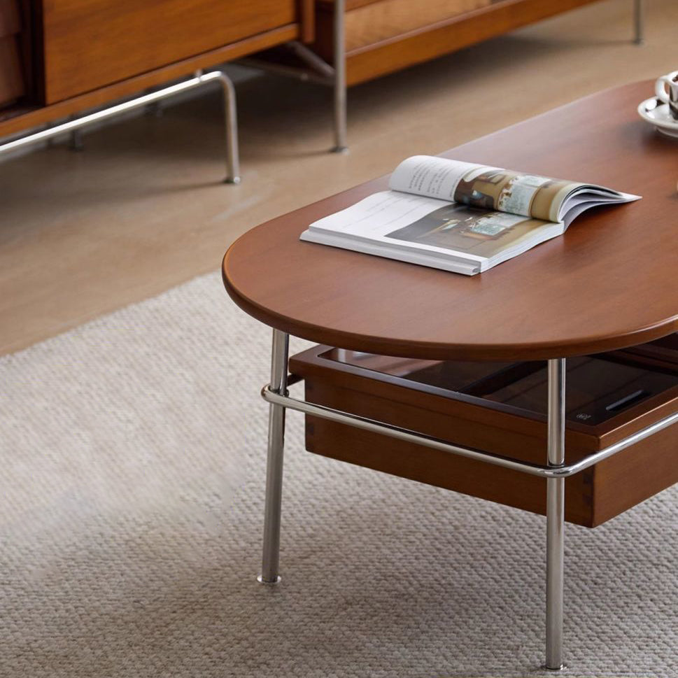 Traditioneller ovaler/rechteckiger Couchtisch im Vintage-Stil aus Massivholz und Edelstahl, 2 Ebenen, für das Wohnzimmer 
