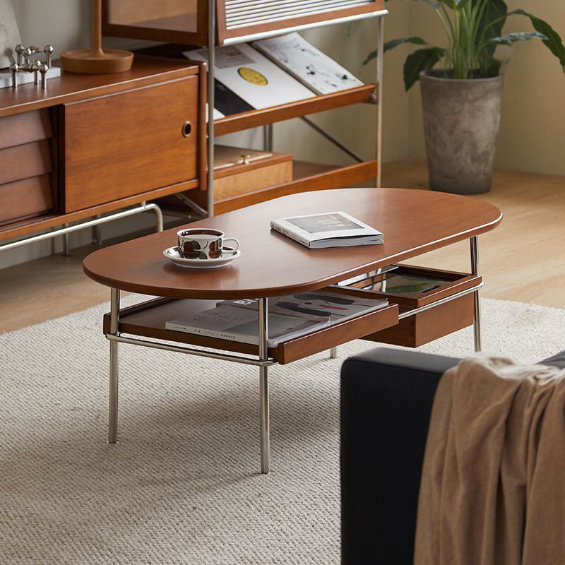 Traditioneller ovaler/rechteckiger Couchtisch im Vintage-Stil aus Massivholz und Edelstahl, 2 Ebenen, für das Wohnzimmer 