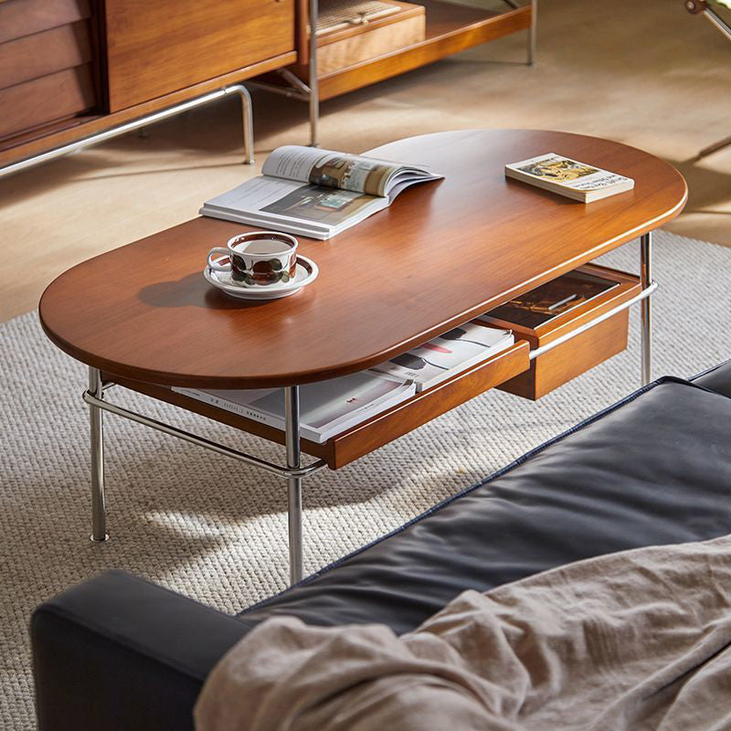 Traditioneller ovaler/rechteckiger Couchtisch im Vintage-Stil aus Massivholz und Edelstahl, 2 Ebenen, für das Wohnzimmer 