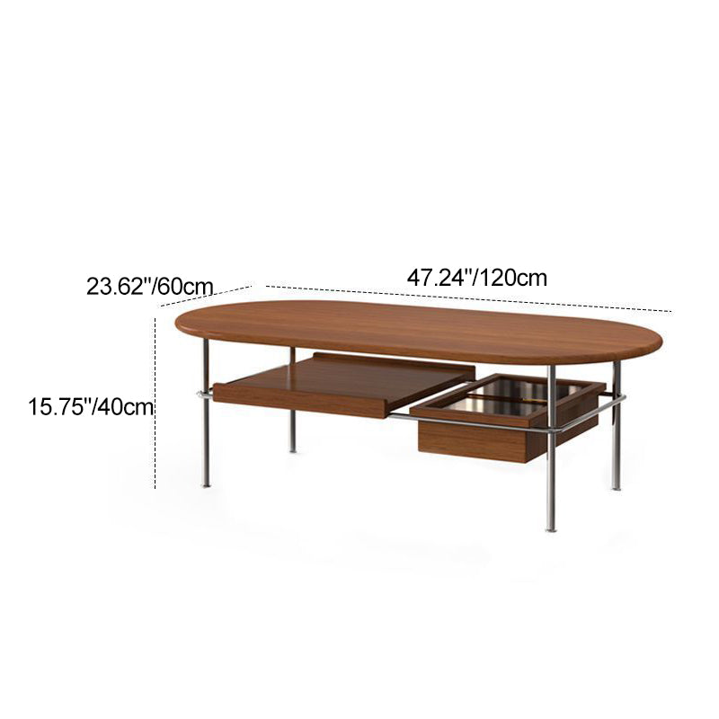 Traditioneller ovaler/rechteckiger Couchtisch im Vintage-Stil aus Massivholz und Edelstahl, 2 Ebenen, für das Wohnzimmer 