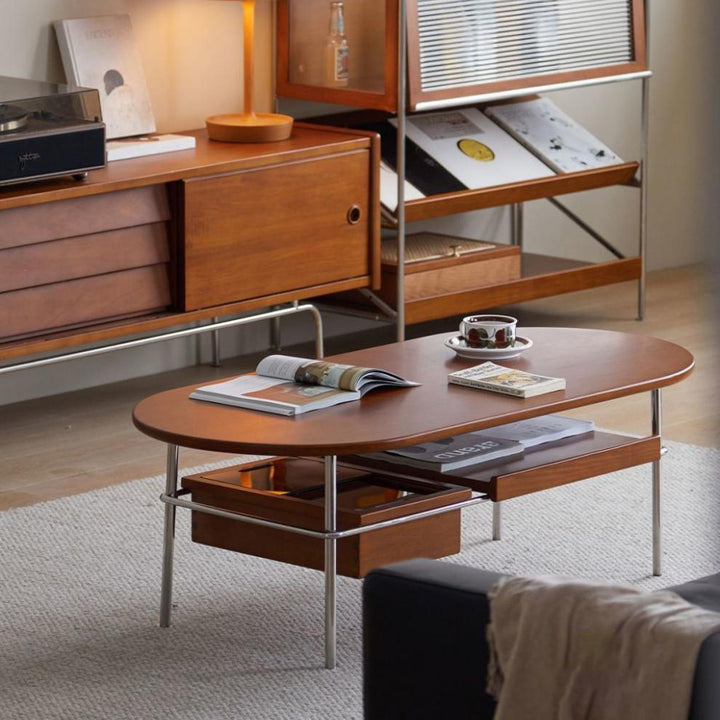 Traditioneller ovaler/rechteckiger Couchtisch im Vintage-Stil aus Massivholz und Edelstahl, 2 Ebenen, für das Wohnzimmer 