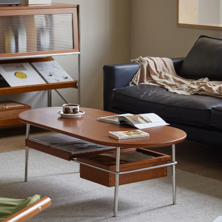 Traditioneller ovaler/rechteckiger Couchtisch im Vintage-Stil aus Massivholz und Edelstahl, 2 Ebenen, für das Wohnzimmer 