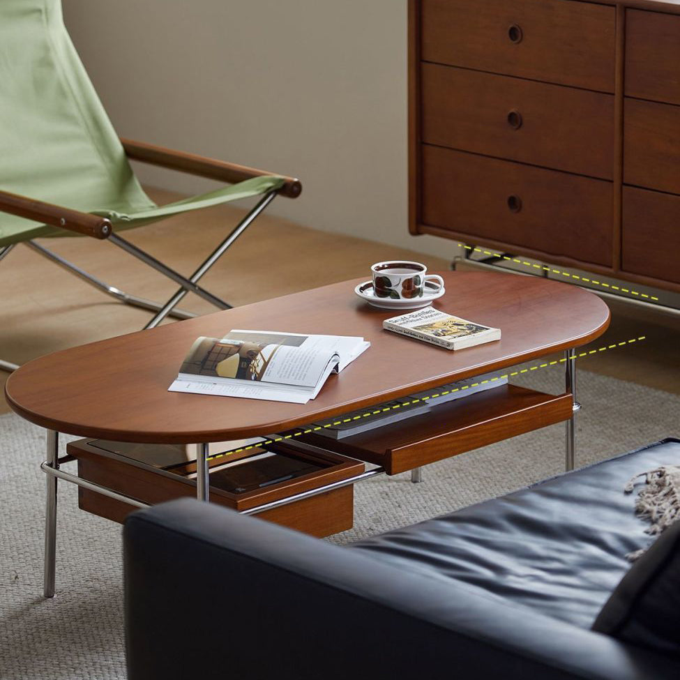 Traditioneller ovaler/rechteckiger Couchtisch im Vintage-Stil aus Massivholz und Edelstahl, 2 Ebenen, für das Wohnzimmer 