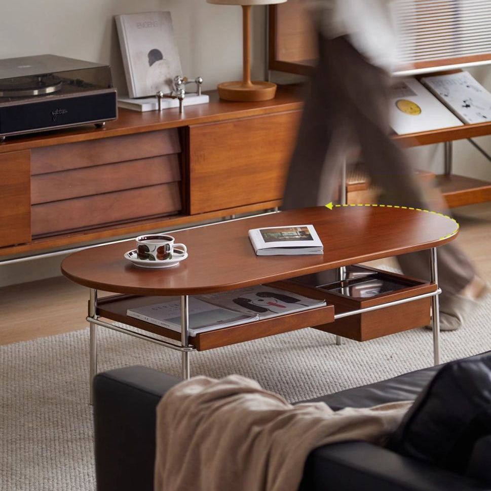 Traditioneller ovaler/rechteckiger Couchtisch im Vintage-Stil aus Massivholz und Edelstahl, 2 Ebenen, für das Wohnzimmer 