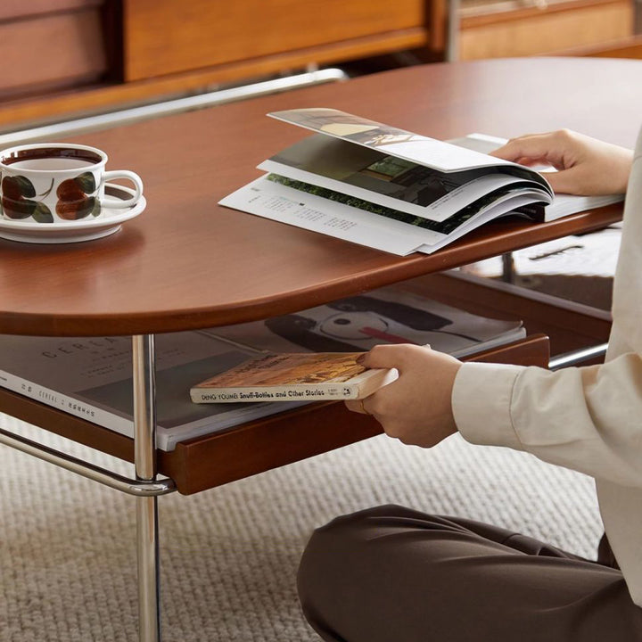 Traditioneller ovaler/rechteckiger Couchtisch im Vintage-Stil aus Massivholz und Edelstahl, 2 Ebenen, für das Wohnzimmer 