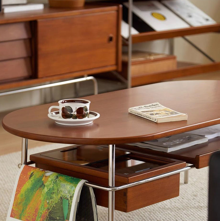 Traditioneller ovaler/rechteckiger Couchtisch im Vintage-Stil aus Massivholz und Edelstahl, 2 Ebenen, für das Wohnzimmer 